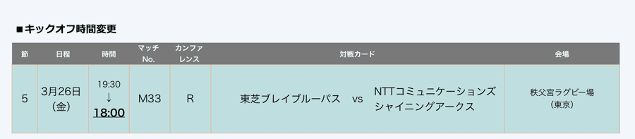 リーグ戦　第5節　キックオフ時間変更